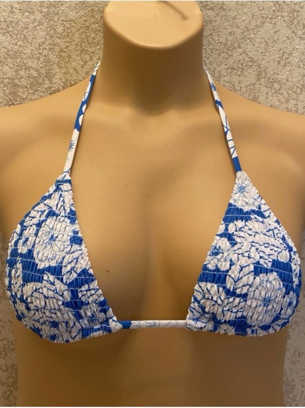 SHEIN Blue & White Floral Smocked Halter Bikini Top